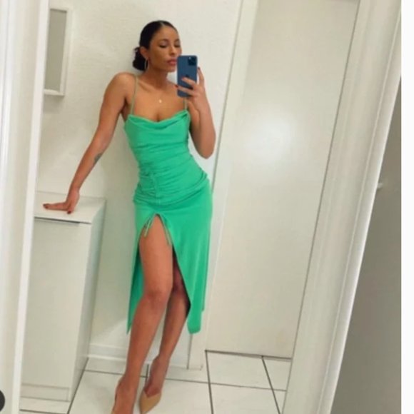 ZARA STRETCH KELLY GREEN SWEETHEART DRAPED DRAWSTRING SLIT MIDI MAXI DRESS $59.9 - Picture 11 of 17